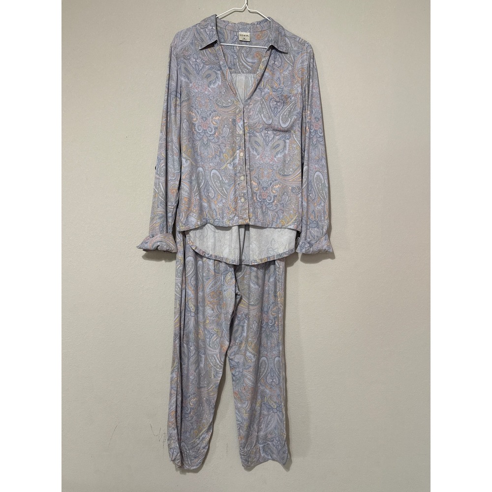 Soma Pajama Set Womens Medium Blue Pink Paisley Rayon Button Front Loungewear